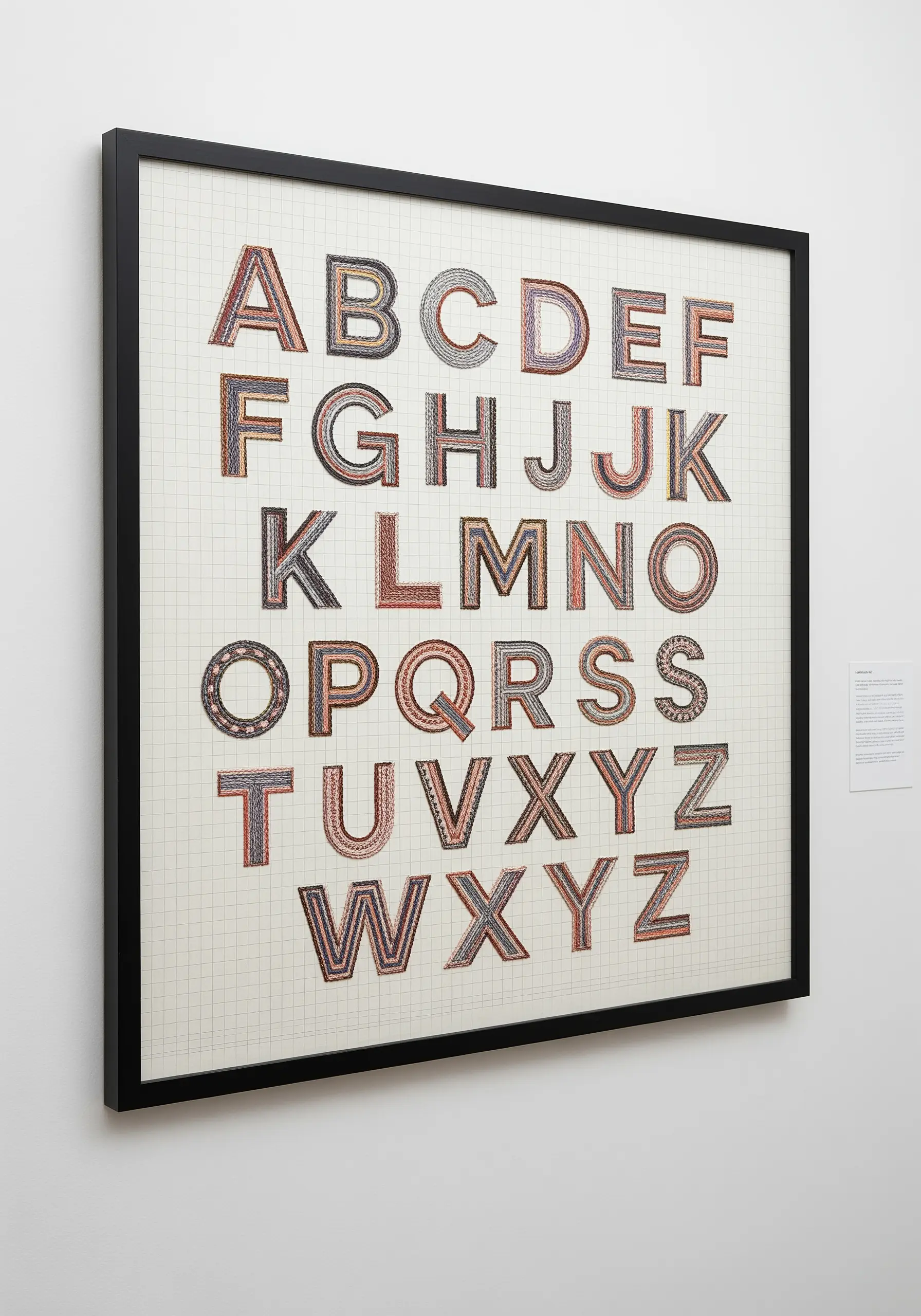 The alphabet embroidered onto grid paper, with each letter filled with a different intricate stitch pattern.