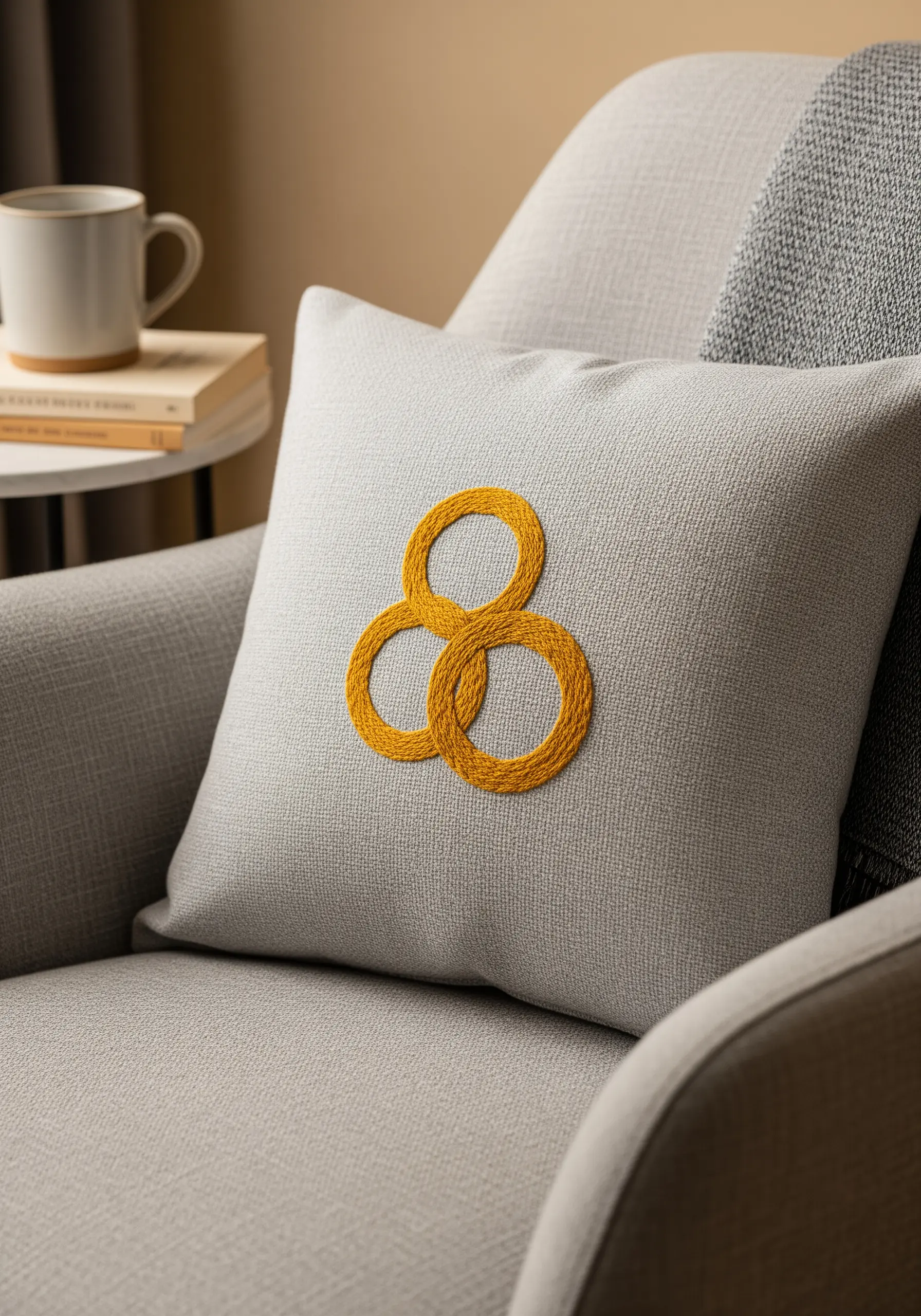 A raised, yellow satin-stitched geometric knot motif on a grey armchair cushion.