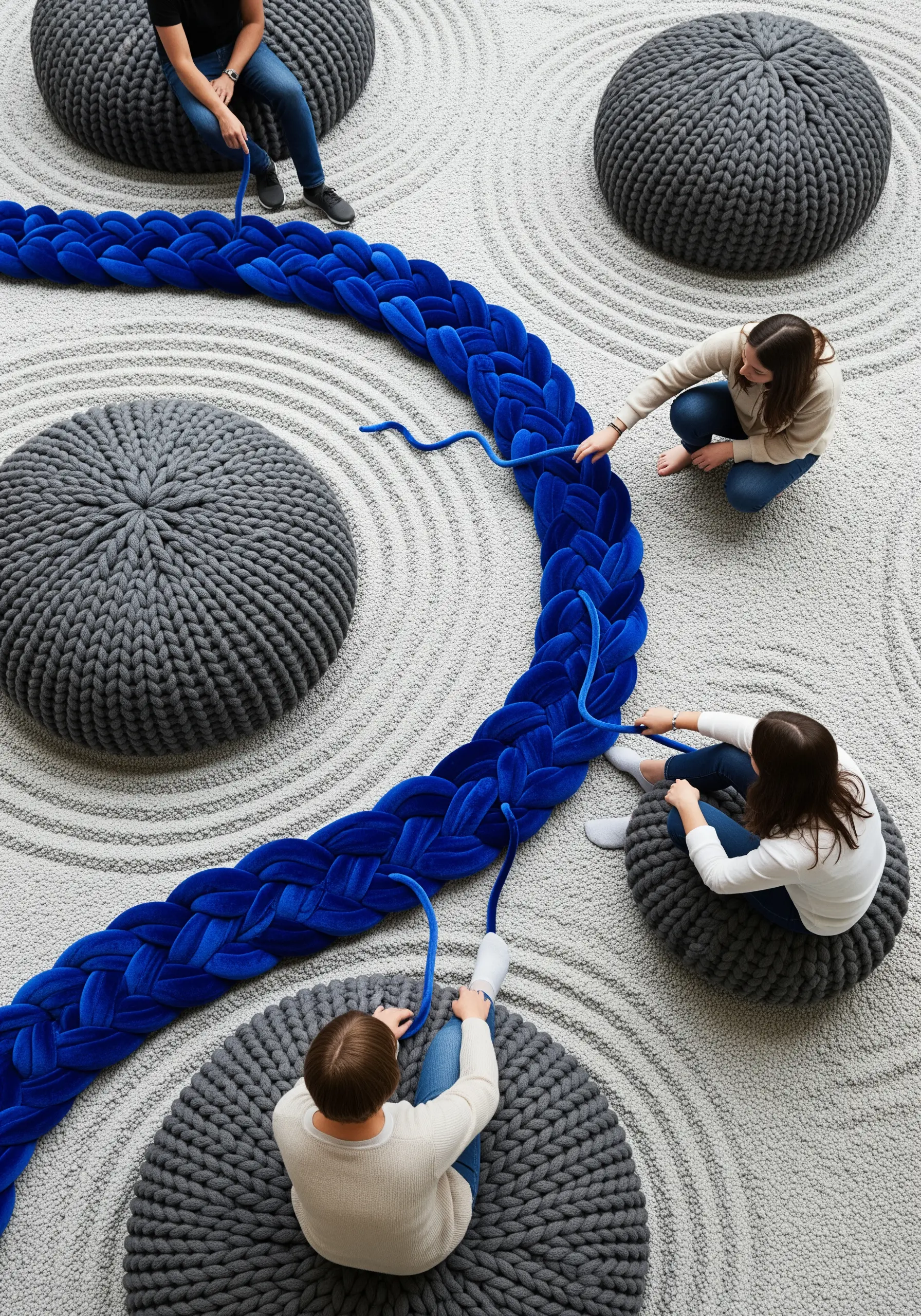 People sitting on knitted poufs and interacting with a giant blue yarn braid on the floor.