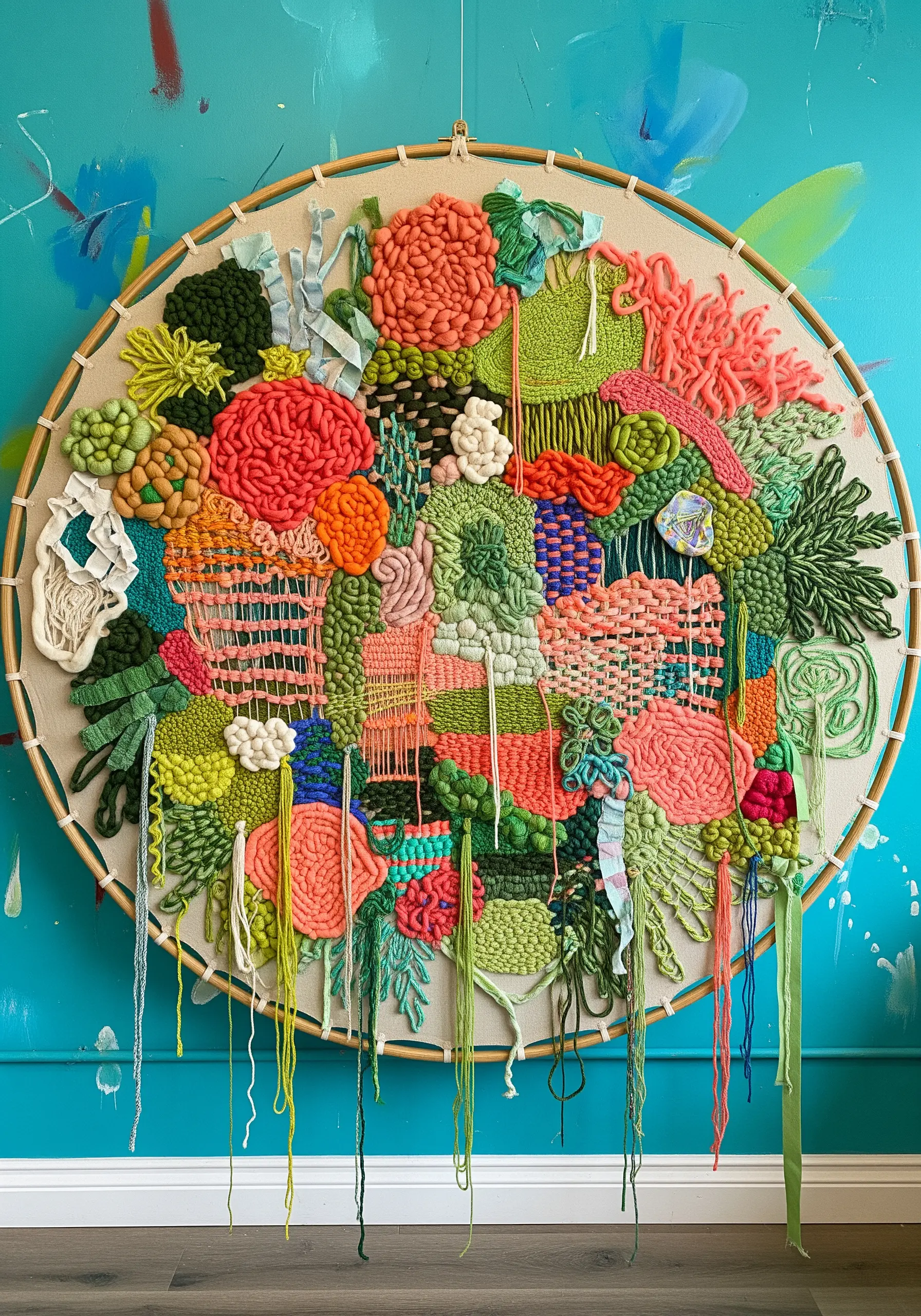 A large, round hoop filled with a textured, abstract collage of weaving and embroidery.