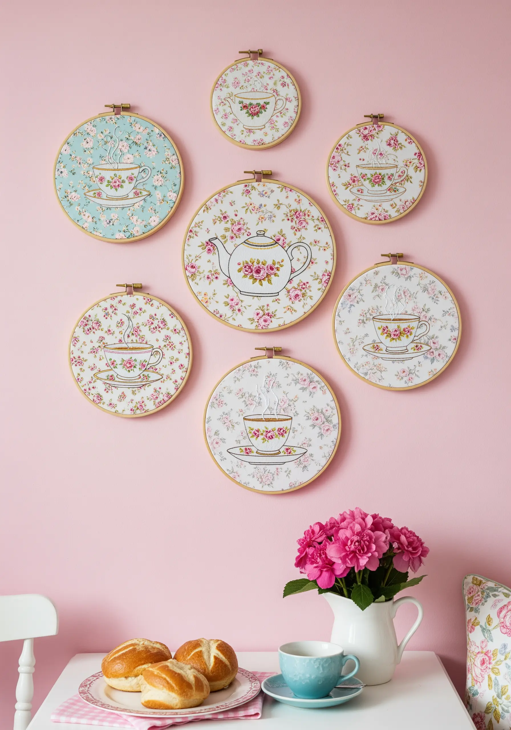 A collection of embroidery hoops with teacup outlines stitched over floral-patterned fabric.