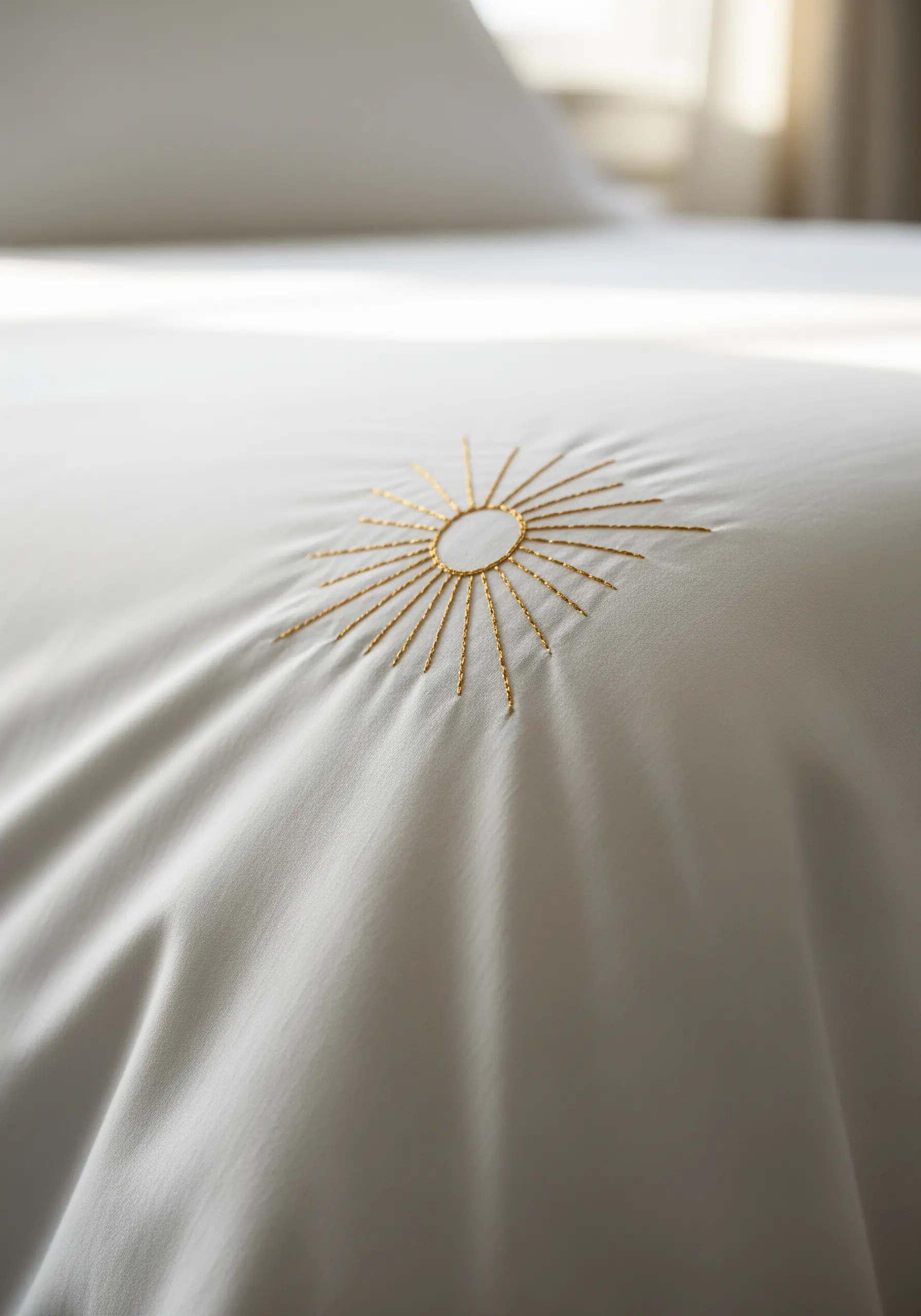 A minimalist sunburst embroidered in gold thread on a crisp white pillowcase.