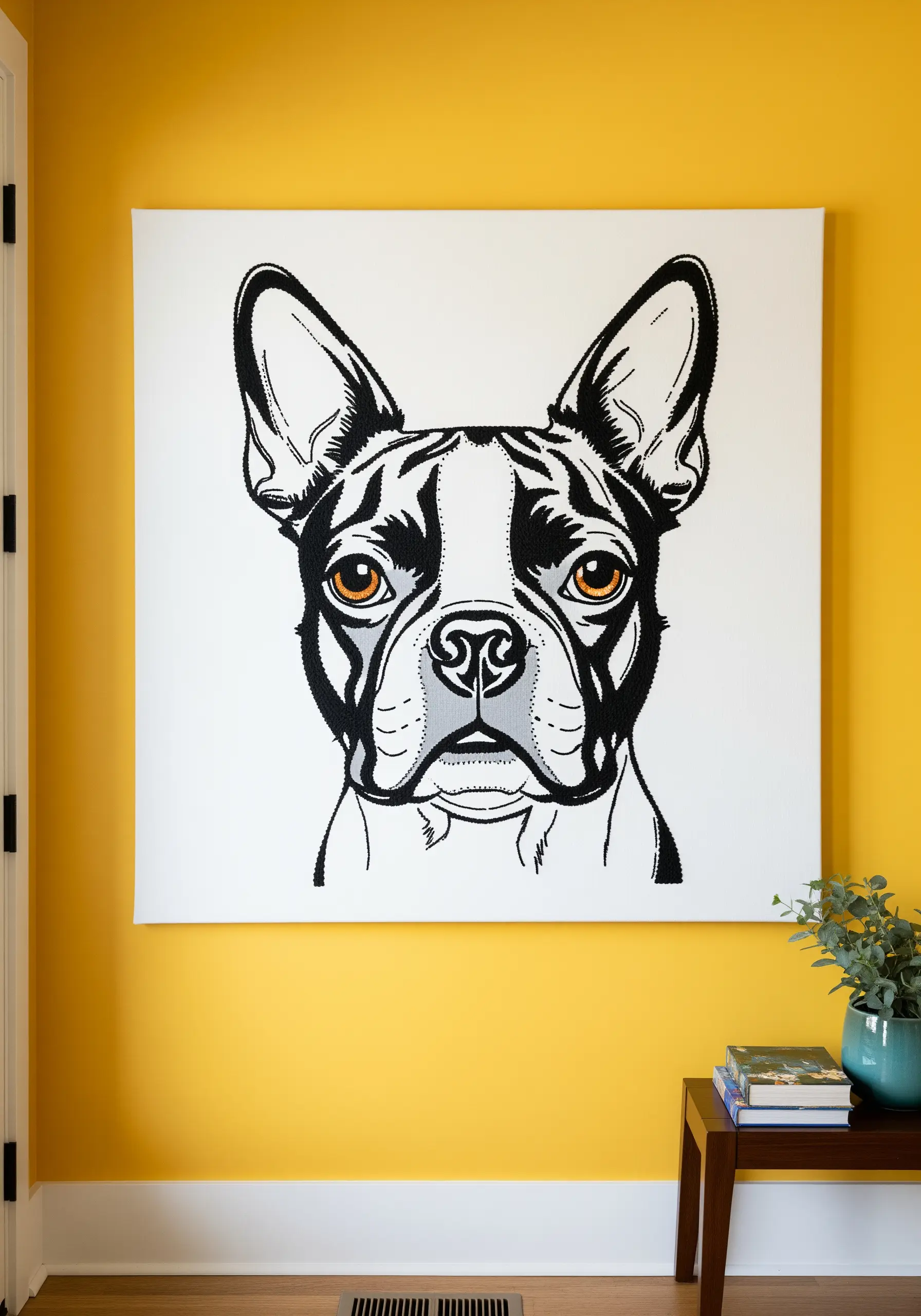 A large-scale canvas with an embroidered line art portrait of a Boston Terrier.