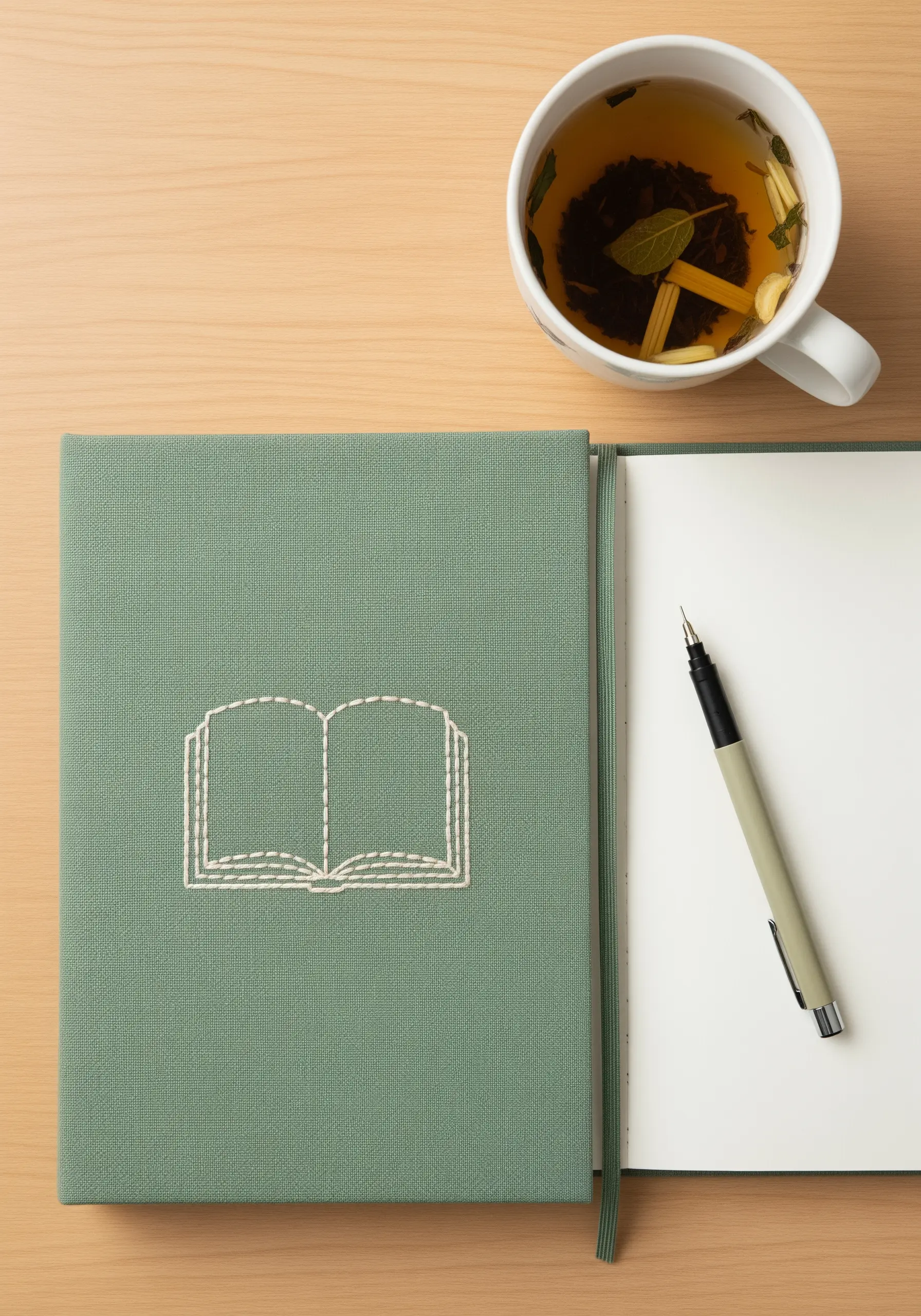 A green fabric-covered journal with a simple outline of an open book stitched in white thread.